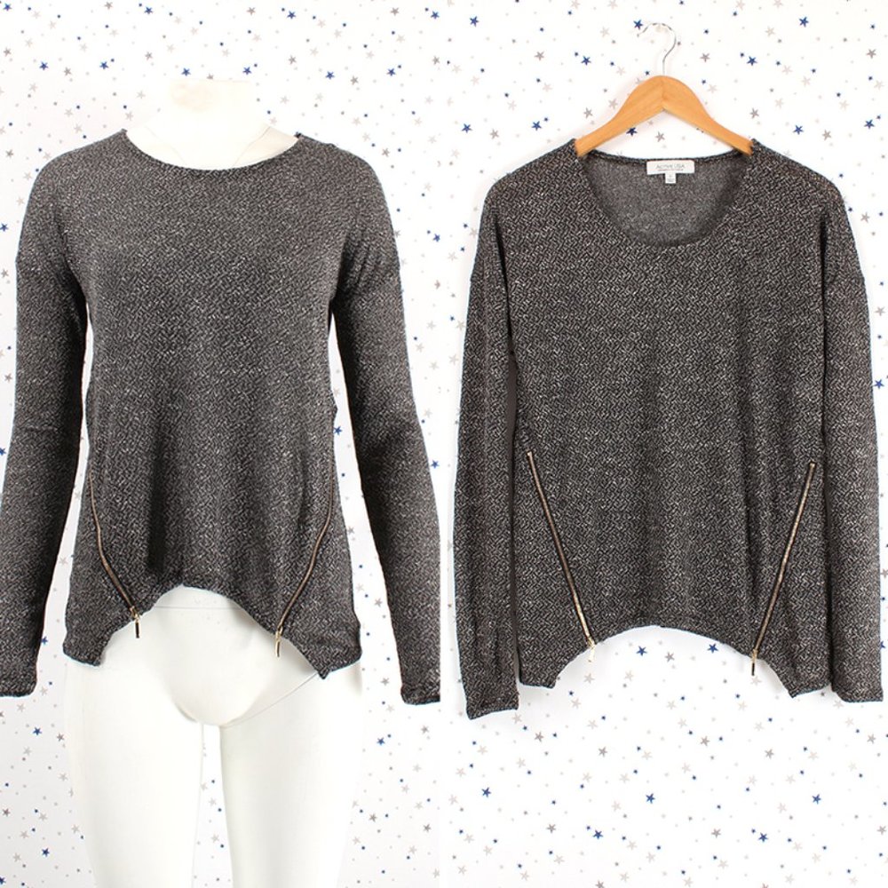 Double Zipper Hacci Sweater Knit Top Long Sleeve Charcoal Gray